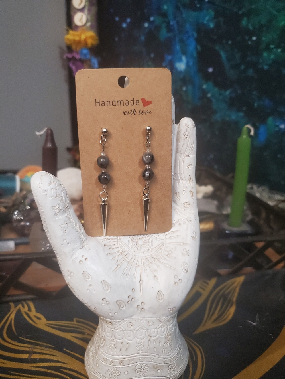 Handmade Silver Genuine Labradorite And Dagger Hypoallergenic Earrings